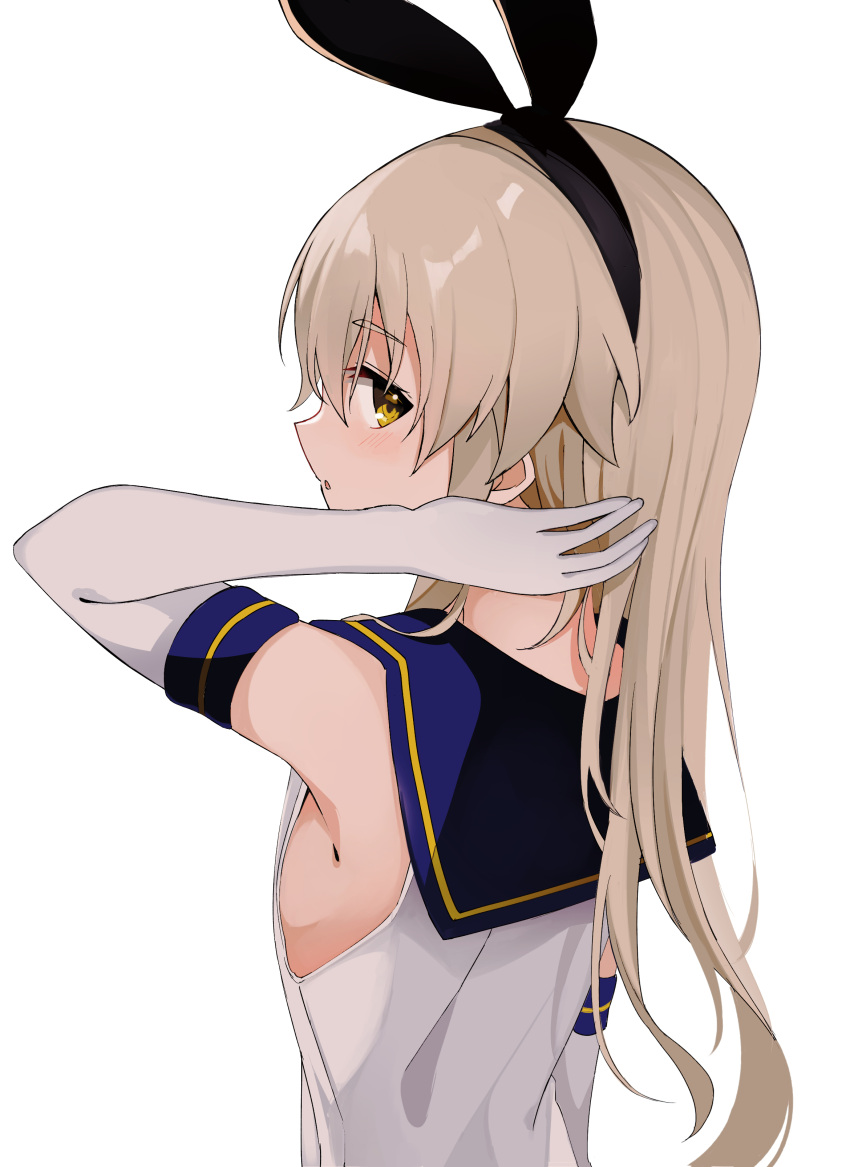 1girl absurdres black_hairband blonde_hair elbow_gloves eyebrows_visible_through_hair fathom gloves hairband highres kantai_collection long_hair looking_at_another looking_at_viewer shimakaze_(kancolle) simple_background solo upper_body white_background white_gloves yellow_eyes
