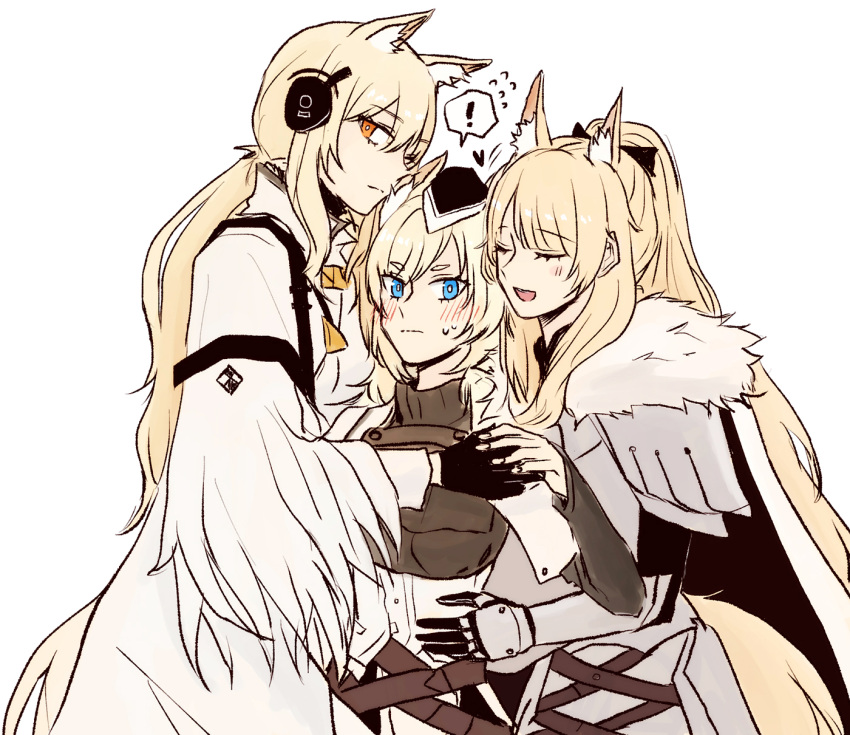 ! 3girls animal_ear_fluff animal_ears arknights armor aunt_and_niece black_bow black_headwear blemishine_(arknights) blue_eyes blush bow breastplate cape closed_eyes commentary_request from_side fur-trimmed_armor garrison_cap gauntlets hair_bow hand_on_another's_waist hat headset heart high_ponytail highres holding_hands horse_ears horse_girl hug implied_extra_ears kingdom_of_kazimierz_logo korean_commentary looking_at_viewer low_ponytail multiple_girls nearl_(arknights) nearl_the_radiant_knight_(arknights) ong_(fyza2772) open_mouth orange_eyes plate_armor ponytail simple_background smile speech_bubble sweatdrop whislash_(arknights) white_background white_cape