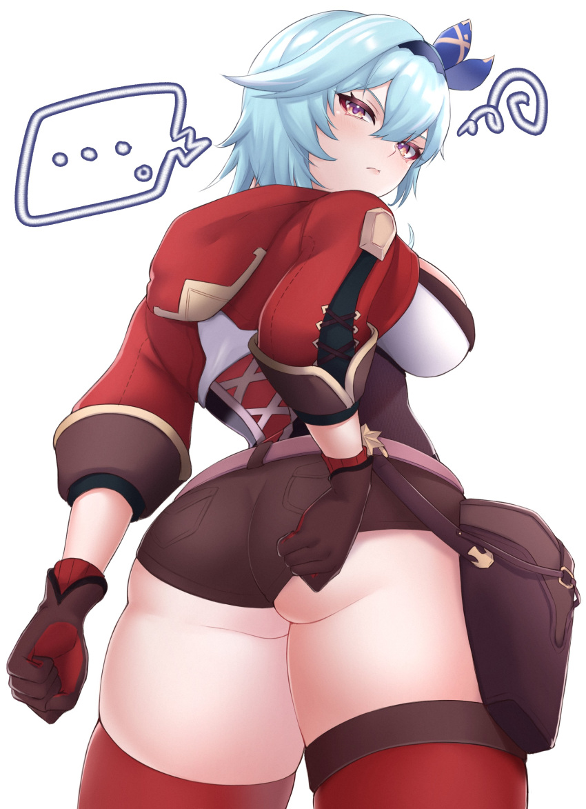 ... 1girl absurdres amber_(genshin_impact) amber_(genshin_impact)_(cosplay) ass blue_hair breasts brown_gloves brown_shorts clenched_hand cosplay eula_(genshin_impact) from_behind genshin_impact gloves highres hood hoodie kirima_(user_danf8787) large_breasts looking_at_viewer looking_back looking_down pouch red_hoodie red_legwear short_hair short_shorts shorts skindentation solo speech_bubble spoken_ellipsis thigh-highs white_background