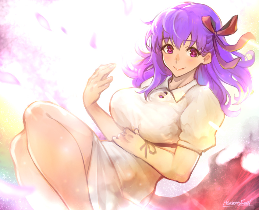 1girl absurdres bare_legs breasts closed_mouth commentary_request dress duralu500 fate/stay_night fate_(series) feet_out_of_frame hair_ribbon heaven's_feel highres knees_up large_breasts long_hair looking_at_viewer matou_sakura puffy_short_sleeves puffy_sleeves purple_hair red_ribbon ribbon short_sleeves smile solo violet_eyes white_dress