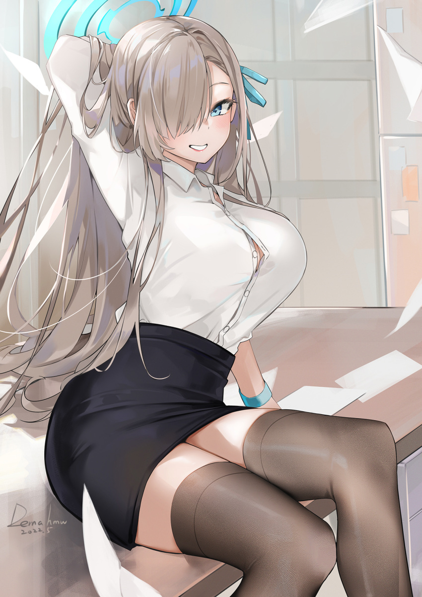 1girl arm_behind_head arm_up asuna_(blue_archive) black_skirt blue_archive blue_eyes breasts button_gap dema_hmw dress_shirt grey_hair grey_legwear grin hair_over_one_eye halo high-waist_skirt highres large_breasts long_hair long_sleeves looking_at_viewer miniskirt office_lady partially_unbuttoned pencil_skirt shirt shirt_tucked_in sitting skirt smile solo thigh-highs very_long_hair white_shirt wristband zettai_ryouiki