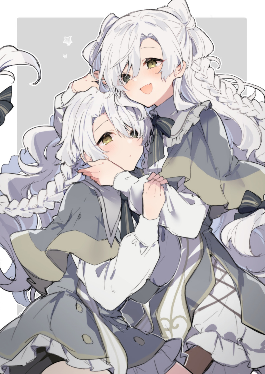 2girls arbell_(ikeuchi_tanuma) bangs black_bow black_bowtie blush bow bowtie capelet closed_mouth cowboy_shot dress expressionless fang fluffy frilled_dress frills grey_capelet grey_dress hair_between_eyes hair_bow head_hug highres holding_another's_arm hug ikeuchi_tanuma long_braid long_hair looking_afar low-tied_long_hair multiple_girls open_mouth original school_uniform seraphina_(ikeuchi_tanuma) smile white_hair yellow_eyes