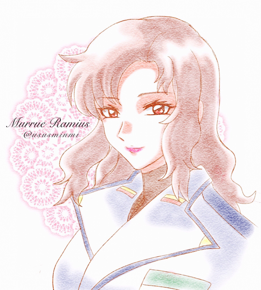 1girl blue_jacket brown_eyes brown_hair character_name eyebrows_visible_through_hair gundam gundam_seed gundam_seed_destiny hair_behind_ear highres jacket long_hair murrue_ramius pink_lips portrait smile solo twitter_username usami_(ususminmi)