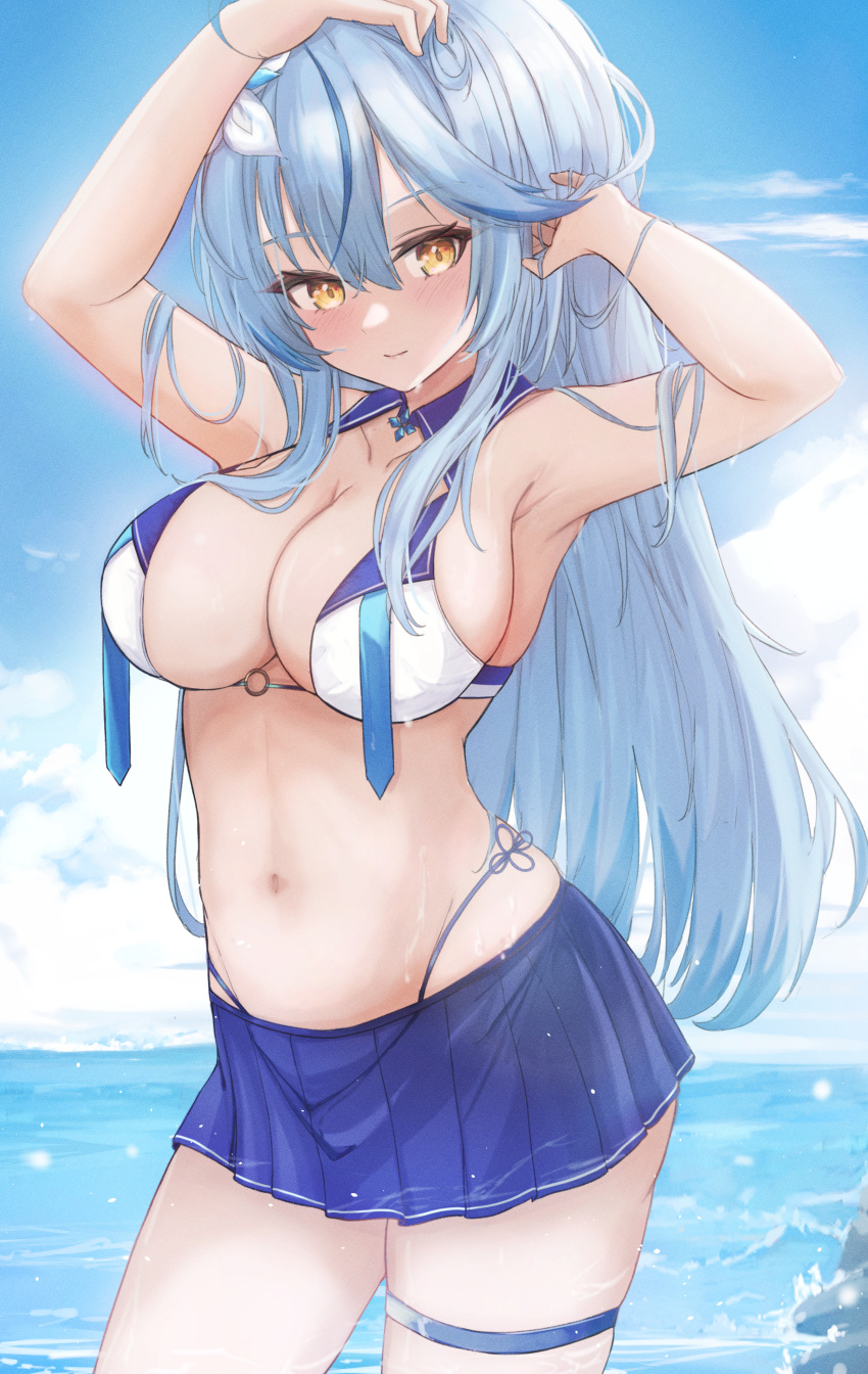 1girl absurdres armpits arms_up bangs bikini blue_hair blue_skirt blue_sky breasts clouds flower hair_between_eyes hair_flower hair_ornament highres hololive large_breasts light_blue_hair long_hair looking_at_viewer miniskirt mofu07519 multicolored_hair navel outdoors pleated_skirt pointy_ears sailor_collar skindentation skirt sky solo stomach streaked_hair swimsuit thigh_strap virtual_youtuber water white_flower yellow_eyes yukihana_lamy