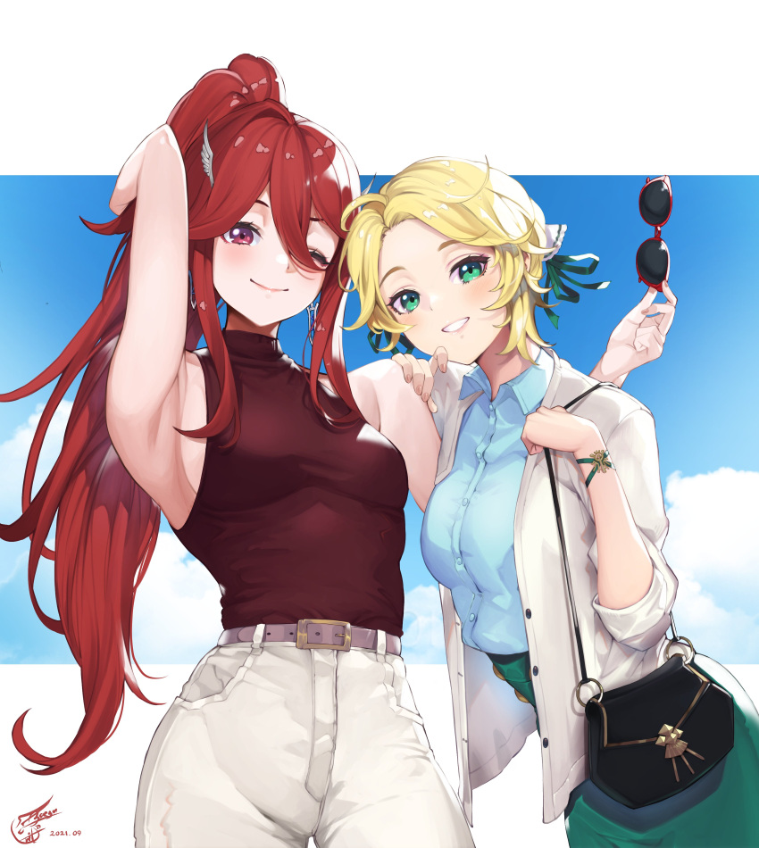 2girls absurdres alternate_costume alternate_hairstyle bag bare_shoulders blonde_hair breasts casual collared_shirt cordelia_(fire_emblem) fire_emblem fire_emblem:_three_houses fire_emblem_awakening green_eyes handbag highres ingrid_brandl_galatea medium_breasts multiple_girls ponytail red_eyes redhead ritence shirt sunglasses turtleneck