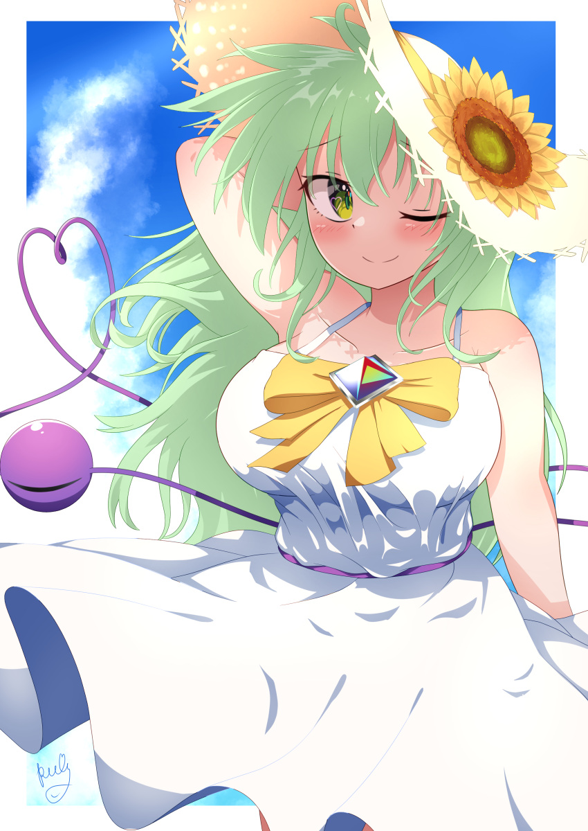 1girl ;) absurdres alternate_costume bangs bare_shoulders blush breasts collarbone day dress eyebrows_visible_through_hair flower green_eyes green_hair hair_between_eyes hat hat_flower heart heart_of_string highres komeiji_koishi large_breasts long_hair looking_at_viewer one_eye_closed polyhedron2 smile solo straw_hat sunflower third_eye touhou white_dress