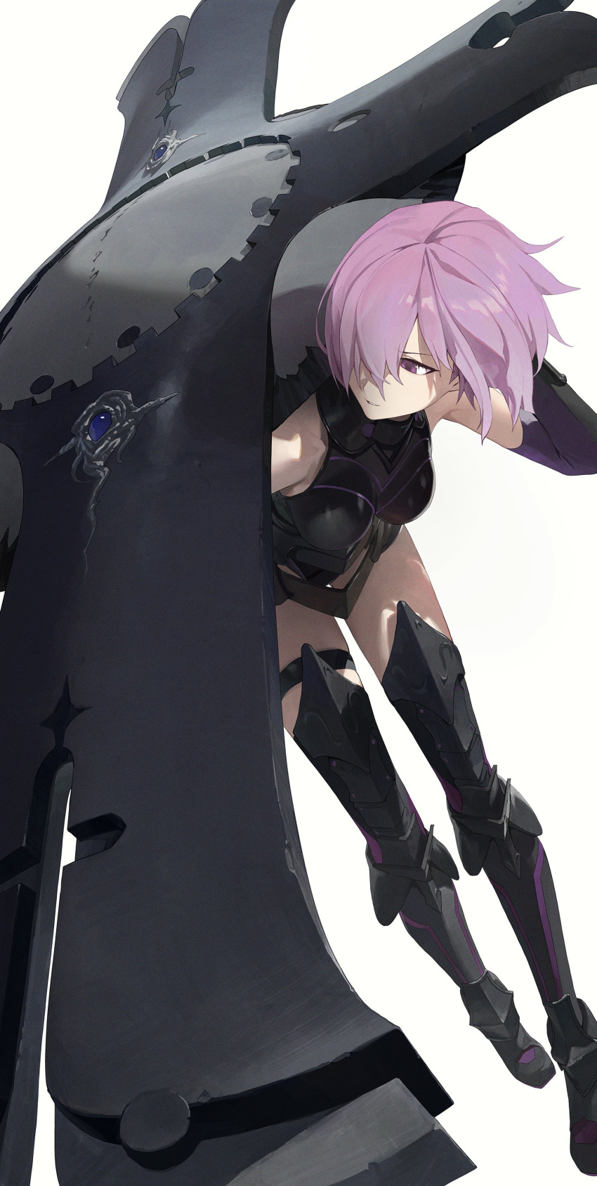 1girl absurdres armor armored_dress bangs bare_shoulders breasts commentary_request elbow_gloves expressionless fate/grand_order fate_(series) full_body gloves hair_over_one_eye highres holding holding_shield holding_weapon light_purple_hair looking_away lord_camelot_(fate) mash_kyrielight modare over_shoulder pink_hair purple_hair serious shield short_hair simple_background solo violet_eyes weapon weapon_over_shoulder white_background