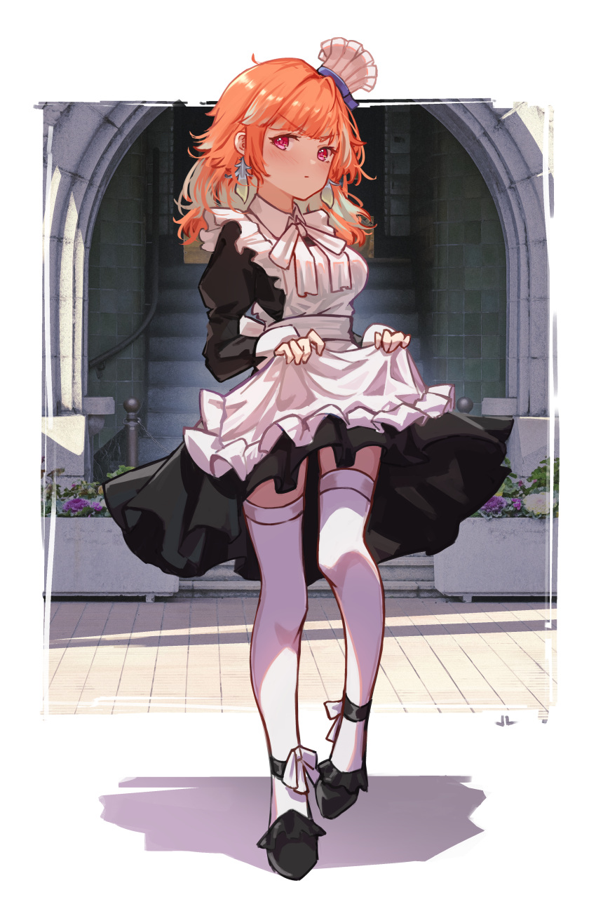 1girl absurdres alternate_costume apron black_dress chef_hat dress earrings enmaided feather_earrings feathers hat highres hololive hololive_english jewelry jl_tan juliet_sleeves long_sleeves maid orange_hair pink_eyes puffy_sleeves shoes skirt_hold solo takanashi_kiara thigh-highs virtual_youtuber white_apron