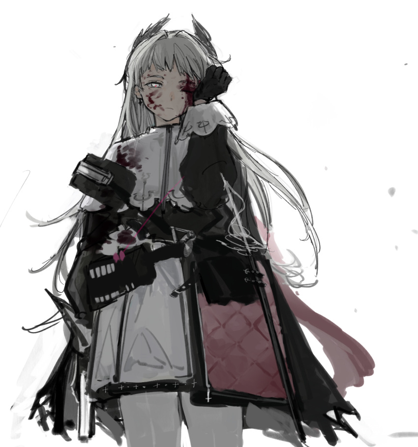 1girl arknights arm_at_side belt black_gloves black_jacket blood blood_on_clothes blood_on_face capelet closed_mouth cowboy_shot cup gloves grey_eyes grey_hair head_wings high-waist_skirt highres holding holding_cup irene_(arknights) jacket long_hair long_sleeves looking_at_viewer one_eye_closed pantyhose purple_skirt rapier sheath sheathed simple_background skirt solo standing sword weapon white_background white_capelet white_legwear white_skirt