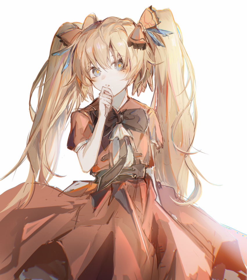 1girl absurdres arknights bangs black_bow black_bowtie blonde_hair blue_eyes bow bowtie cowboy_shot dress hair_between_eyes hair_bow hand_on_own_chin hand_up highres long_hair looking_at_viewer nininisama official_alternate_costume orange_bow parted_lips pinecone_(arknights) pinecone_(sing_a_song)_(arknights) red_dress short_sleeves simple_background solo twintails very_long_hair white_background