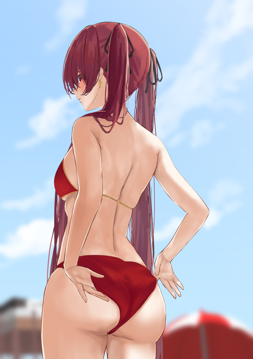 1girl absurdres adjusting_clothes adjusting_swimsuit ass bikini black_ribbon blue_sky blurry blurry_background breasts clouds commentary_request earrings from_behind from_below hair_over_shoulder hair_ribbon highres hololive houshou_marine jewelry long_hair looking_at_viewer looking_back looking_down medium_breasts outdoors parasol red_eyes redhead ribbon sky swimsuit twintails umbrella very_long_hair virtual_youtuber yamada_no_orochi