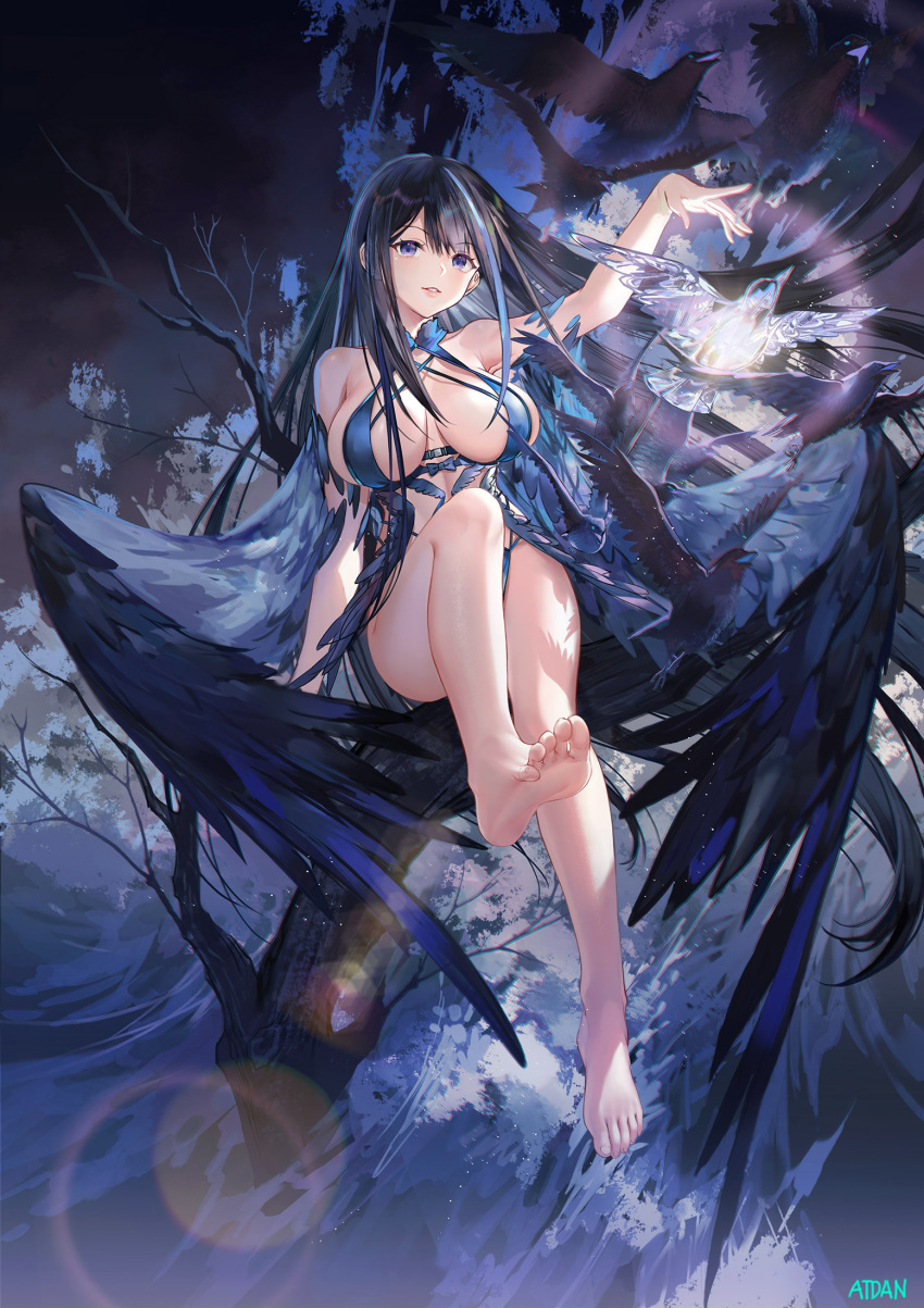 1girl arm_up artist_name atdan bangs bare_legs bare_shoulders barefoot bird black_hair blue_dress blue_eyes blue_hair breasts breasts_apart crow dress duplicate eyebrows_visible_through_hair feathered_wings feet full_body highres in_tree large_breasts long_hair looking_at_viewer multicolored_hair original parted_lips pixel-perfect_duplicate sitting sitting_in_tree soles solo streaked_hair toes tree very_long_hair wings