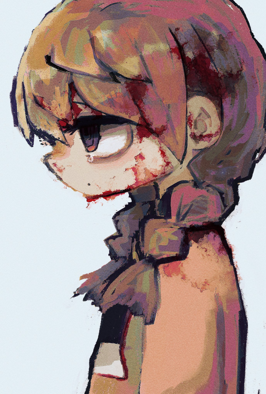 1girl bags_under_eyes blood blood_in_hair blood_on_face braid brown_hair commentary_request dot_nose from_side highres long_hair madotsuki oimo_160 pink_sweater profile simple_background solo sweater tearing_up twin_braids unusually_open_eyes upper_body yume_nikki