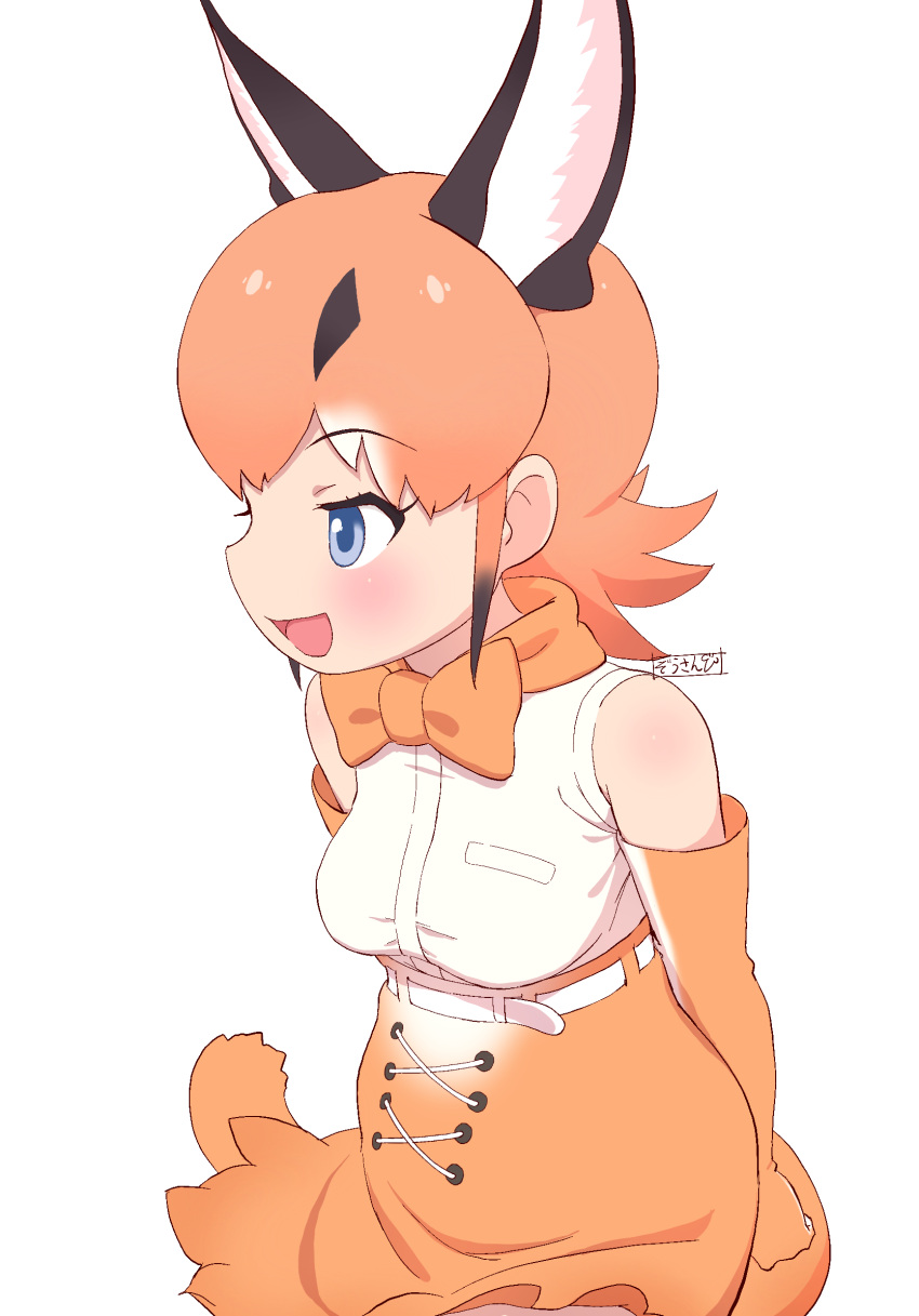 1girl :d animal_ear_fluff animal_ears bare_shoulders blue_eyes bow bowtie breasts caracal_(kemono_friends) commentary elbow_gloves extra_ears eyes_visible_through_hair gloves highres kemono_friends looking_away masuyama_ryou medium_breasts medium_hair open_mouth orange_gloves orange_hair orange_skirt shirt simple_background skirt sleeveless sleeveless_shirt smile solo tail white_background white_shirt