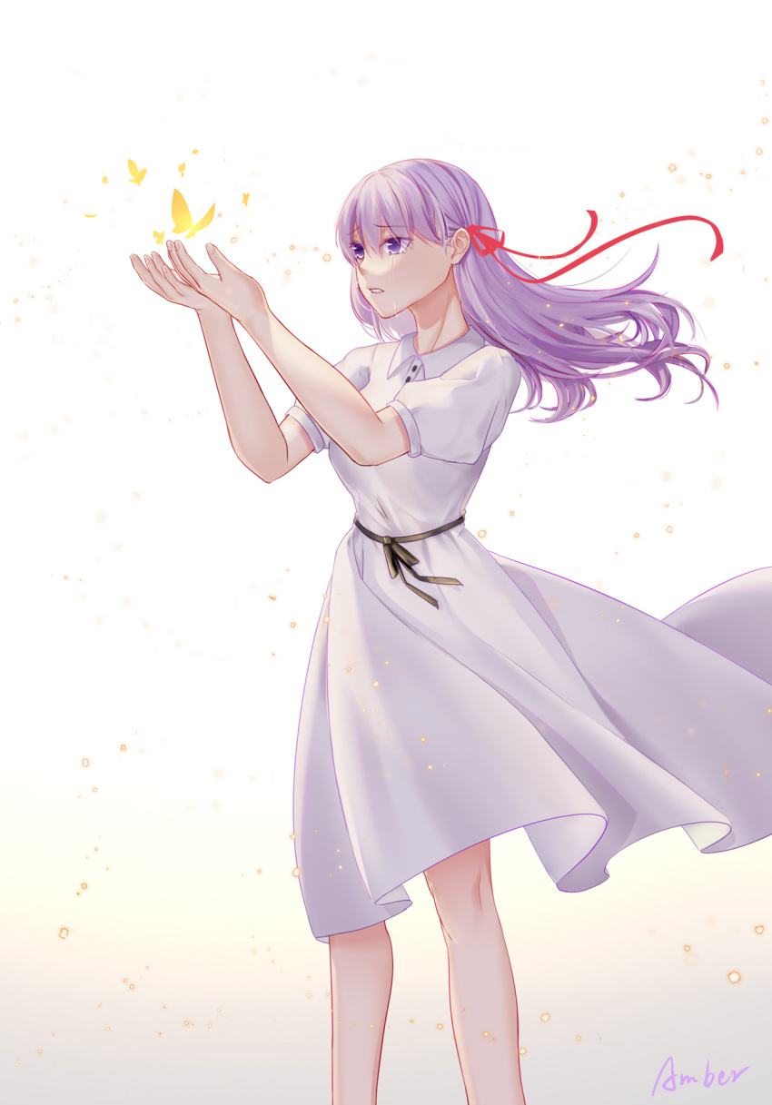 1girl amberdl artist_name breasts bug butterfly collared_dress commentary_request dress eyebrows_visible_through_hair fate/stay_night fate_(series) feet_out_of_frame gradient gradient_background hair_ribbon hands_up heaven's_feel highres long_hair matou_sakura medium_breasts official_alternate_costume parted_lips puffy_short_sleeves puffy_sleeves purple_hair red_ribbon ribbon short_sleeves solo tears violet_eyes white_dress