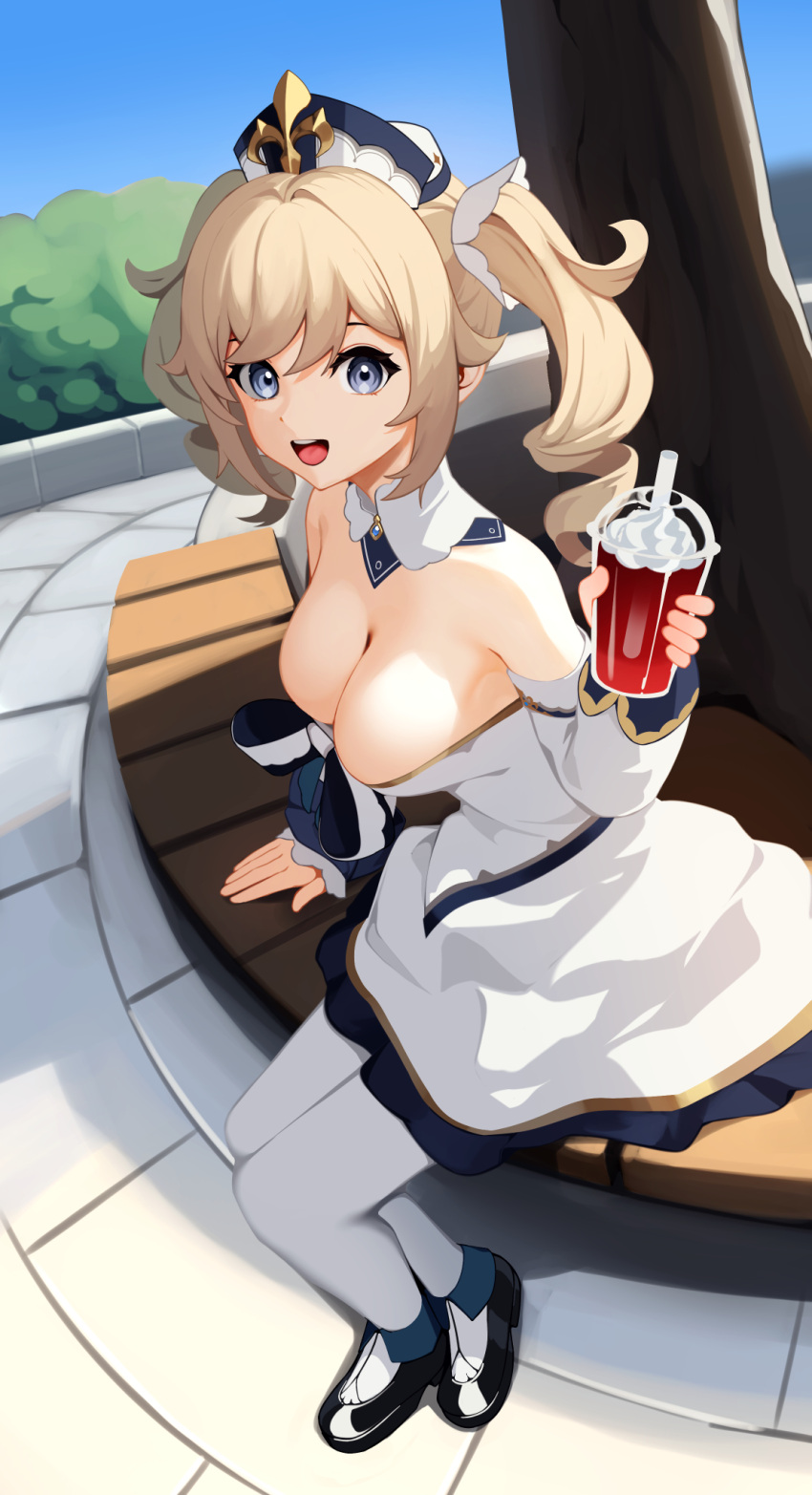 1girl :d bangs barbara_(genshin_impact) bench blonde_hair blue_eyes blue_sky breasts bush cup day detached_collar detached_sleeves disposable_cup dress drill_hair drink drinking_glass ett from_side genshin_impact hat highres holding holding_drink large_breasts long_hair looking_at_viewer medium_hair open_mouth outdoors pantyhose park_bench shoes sky smile solo tree twin_drills twintails whipped_cream white_dress white_legwear