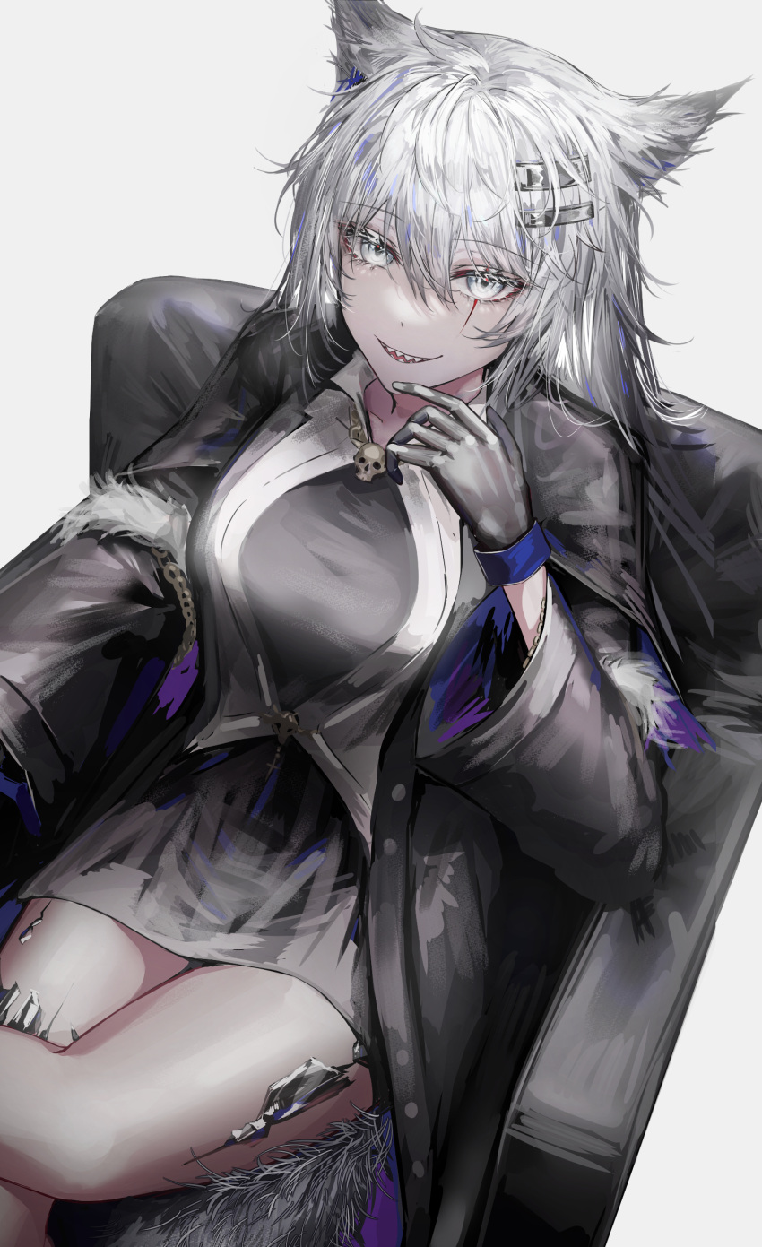 1girl absurdres akqne animal_ears arknights armchair black_jacket black_shirt chair feet_out_of_frame grey_eyes grey_hair hair_between_eyes hair_ornament hairclip hand_up highres jacket lappland_(arknights) lappland_(refined_horrormare)_(arknights) long_hair long_sleeves looking_at_viewer official_alternate_costume open_clothes open_jacket oripathy_lesion_(arknights) parted_lips scar scar_across_eye sharp_teeth shiny shiny_hair shirt simple_background skull_ornament solo tail teeth white_background wolf_ears wolf_girl wolf_tail