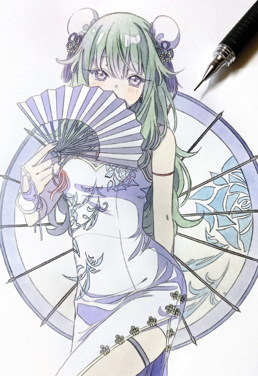 1girl bangs blue_flower blue_rose blush bun_cover china_dress chinese_clothes chinese_knot commentary covering_mouth double_bun dress floral_print flower folding_fan graphite_(medium) green_hair hair_tassel hand_fan highres holding holding_fan kusanagi_nene long_hair looking_at_viewer marker_(medium) mechanical_pencil oil-paper_umbrella pato_(ptro) pencil project_sekai purple_hair rose rose_print solo thigh_strap traditional_media umbrella very_long_hair white_dress