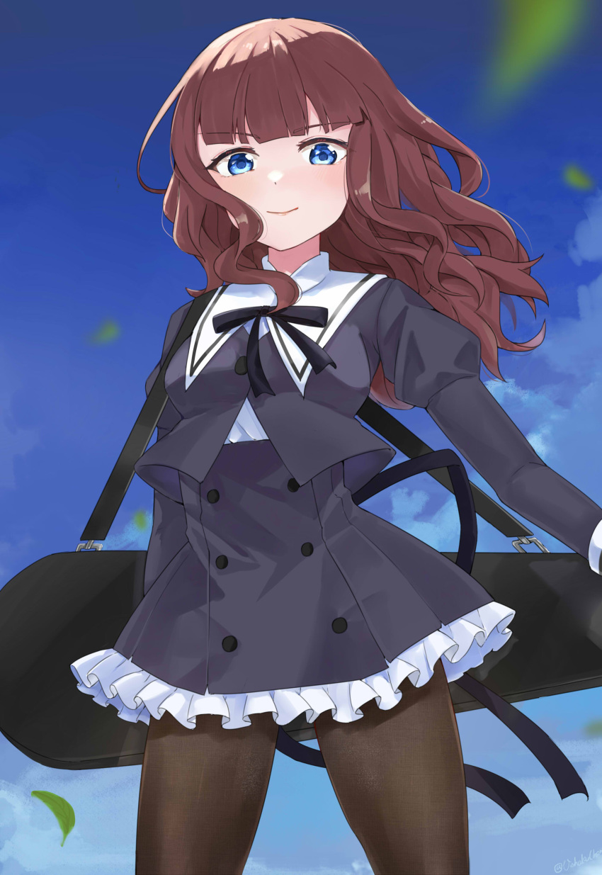 1girl absurdres arm_at_side assault_lily bangs black_ribbon black_skirt blue_eyes blue_sky blunt_bangs blurry blurry_foreground brown_hair brown_legwear buttons closed_mouth clouds commentary_request cowboy_shot cropped_jacket day eyebrows_visible_through_hair falling_leaves feza_chen_(ushaku) floating_hair frilled_skirt frills high-waist_skirt highres instrument_case juliet_sleeves kaede_johan_nouvel leaf light_blush long_hair long_sleeves looking_at_viewer miniskirt neck_ribbon outdoors pantyhose puffy_sleeves ribbon school_uniform sidelocks skirt sky smile solo standing twitter_username wavy_hair yurigaoka_girls_academy_school_uniform