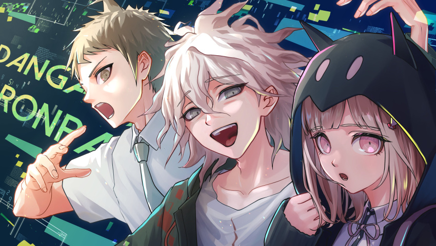 1girl 2boys :d :o absurdres animal_ears bangs bibi_(obb_spl) black_shirt blunt_bangs brown_hair collarbone collared_shirt copyright_name danganronpa_(series) danganronpa_2:_goodbye_despair dress_shirt fake_animal_ears galaga green_jacket grey_hair hair_ornament hand_up highres hinata_hajime hood hood_up jacket komaeda_nagito lower_teeth messy_hair multiple_boys nanami_chiaki neck_ribbon necktie open_clothes open_jacket pink_eyes pink_ribbon ribbon shiny shiny_hair shirt smile teeth upper_teeth white_shirt