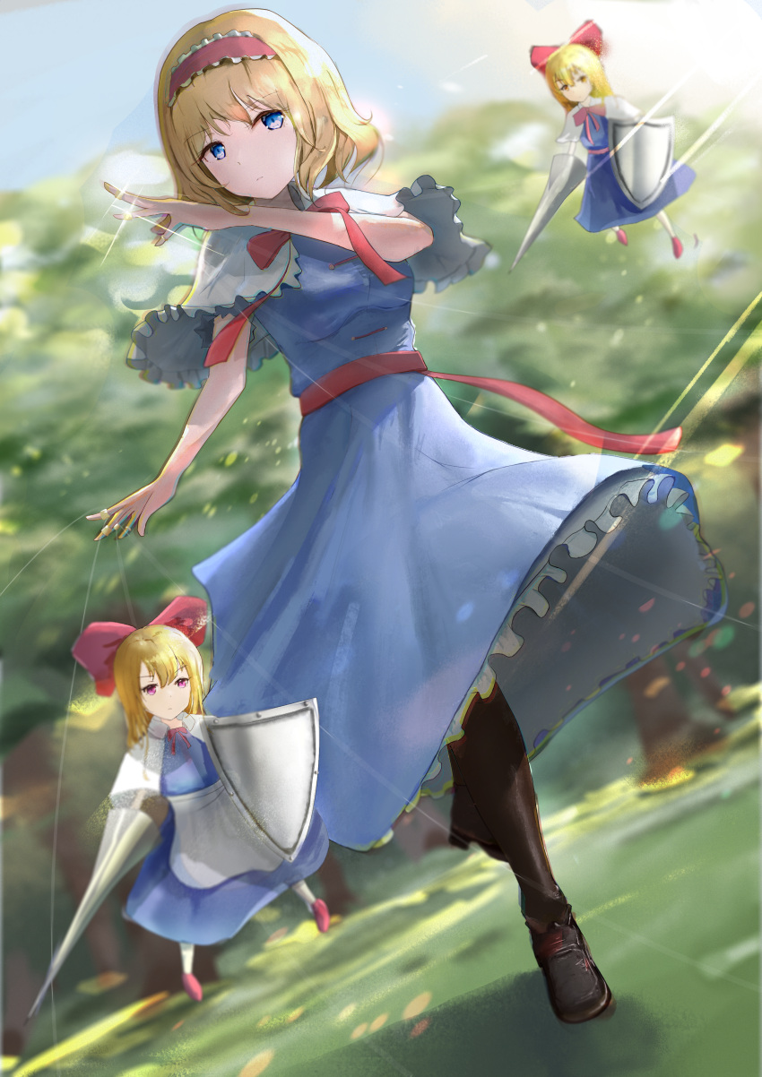 1girl absurdres alice_margatroid apron bangs blonde_hair blue_dress blue_eyes boots bow breasts brown_footwear capelet cross-laced_footwear dress hair_bow hairband highres holding lance long_hair looking_at_viewer opagi pantyhose polearm puppet_strings sash shanghai_doll short_hair standing touhou weapon