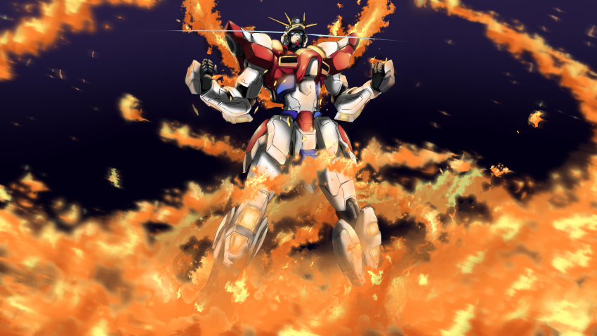 absurdres black_background blue_eyes build_burning_gundam clenched_hands datalyf fire glowing glowing_eyes gundam gundam_build_fighters gundam_build_fighters_try highres looking_at_viewer mecha science_fiction standing v-fin