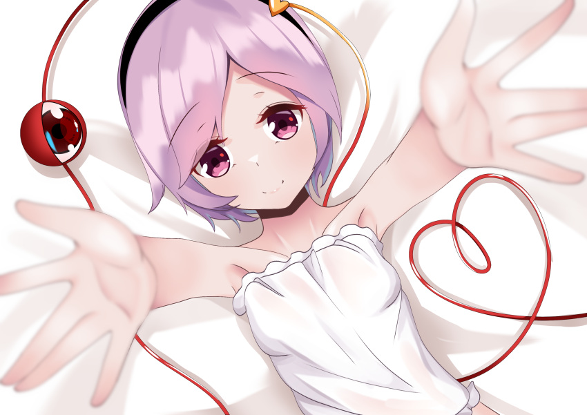 1girl armpits bangs bare_arms bare_shoulders black_hairband blurry blurry_foreground closed_mouth depth_of_field dutch_angle eyeball eyebrows_visible_through_hair foreshortening from_above hair_ornament hairband heart heart_hair_ornament heart_of_string highres komeiji_satori looking_at_viewer lying mantou_xiang on_back outstretched_arms purple_hair red_eyes short_hair smile solo third_eye touhou upper_body violet_eyes