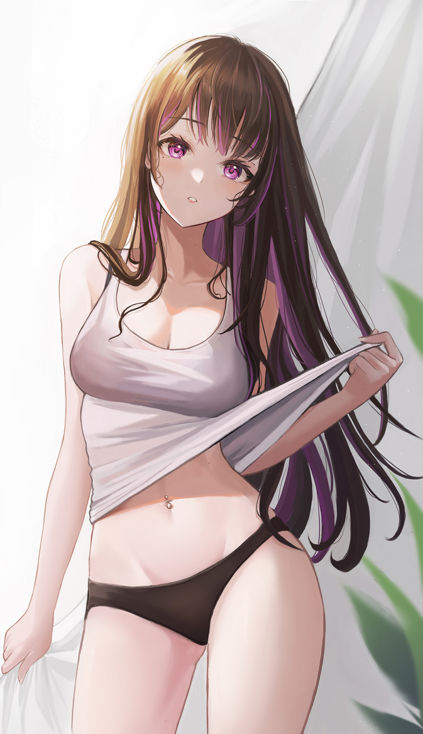 1girl bare_arms bare_shoulders black_hair black_panties breasts clothes_pull contrapposto cowboy_shot duplicate highres kottungyang large_breasts long_hair looking_at_viewer mole mole_under_eye multicolored_hair navel no_pants original panties parted_lips pixel-perfect_duplicate pulled_by_self shirt shirt_pull sleeveless sleeveless_shirt solo standing stomach streaked_hair thighs underwear violet_eyes white_shirt