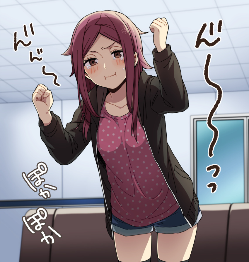 1girl 7100potechi :i absurdres black_jacket black_legwear blue_shorts blush breasts brown_eyes ceiling closed_mouth couch cowboy_shot door flipped_hair furrowed_brow hands_up highres jacket kunichika_yuu long_hair long_sleeves looking_at_viewer open_clothes open_jacket pink_shirt polka_dot polka_dot_shirt pout shirt shorts solo tearing_up thigh-highs tile_ceiling tiles wall wavy_mouth world_trigger