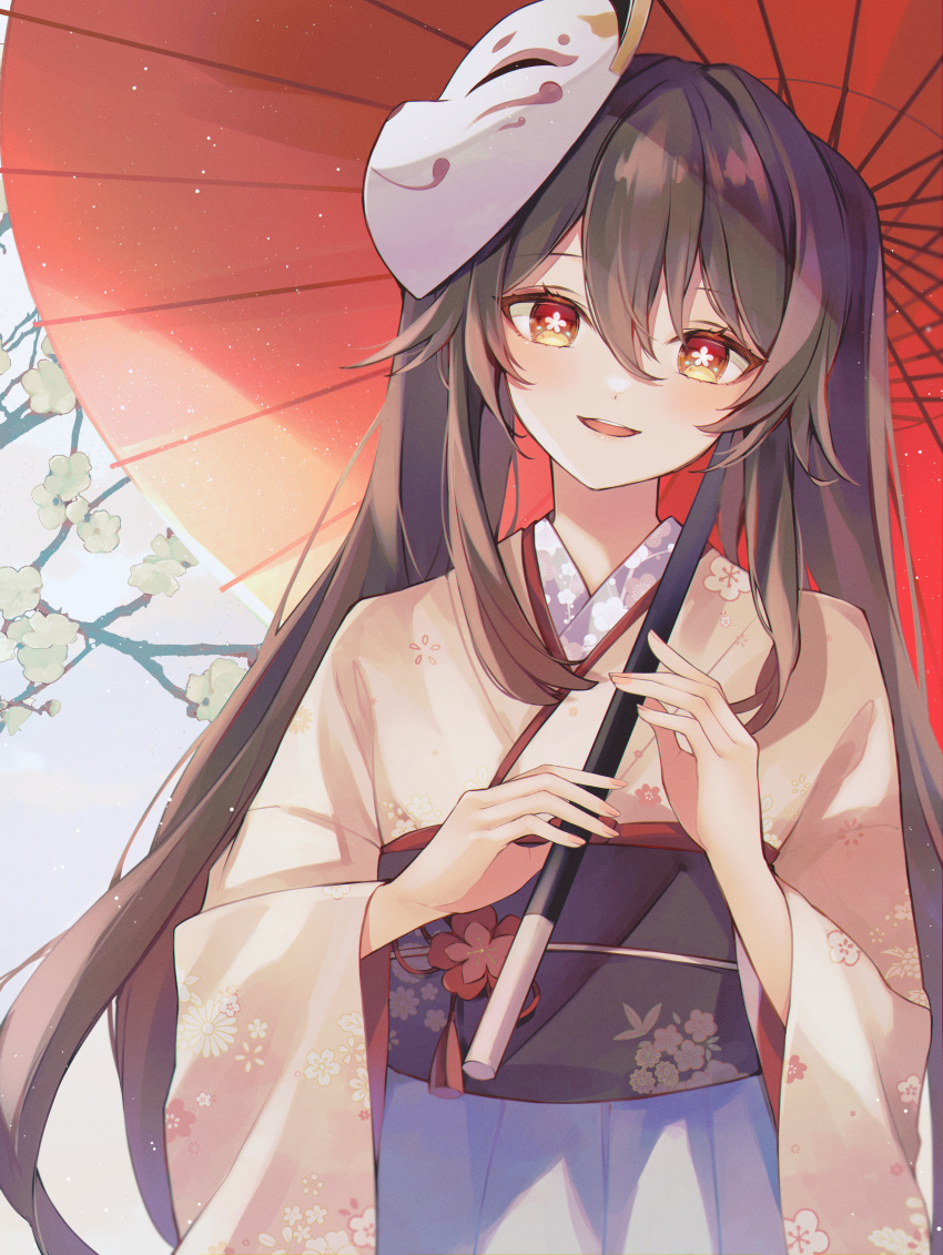 1girl 7aka_ne11 :d absurdres alternate_costume branch brown_hair floral_print flower-shaped_pupils fox_mask genshin_impact half-closed_eyes highres holding holding_umbrella hu_tao_(genshin_impact) japanese_clothes kimono long_hair looking_at_viewer mask mask_on_head open_mouth red_eyes smile solo symbol-shaped_pupils twintails umbrella wide_sleeves