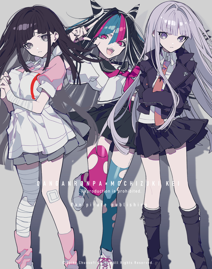 3girls apron asymmetrical_legwear bandaged_leg bandages bandaid bandaid_on_knee bandaid_on_leg bangs black_footwear black_gloves black_hair black_jacket black_sailor_collar black_skirt boots braid brown_skirt closed_mouth crossed_arms danganronpa:_trigger_happy_havoc danganronpa_(series) danganronpa_2:_goodbye_despair eyebrows_visible_through_hair feet_out_of_frame gloves green_hair green_legwear grey_background grey_shirt hair_horns hair_ornament hair_ribbon highres jacket kirigiri_kyouko knee_boots long_hair long_sleeves looking_at_viewer miniskirt mioda_ibuki mismatched_legwear mochizuki_kei multicolored_hair multiple_girls necktie open_mouth piercing pink_eyes pink_hair pink_shirt pleated_skirt puffy_short_sleeves puffy_sleeves red_legwear ribbon sailor_collar school_uniform serafuku shiny shiny_hair shirt short_sleeves simple_background skirt smile standing thigh-highs torn_clothes torn_legwear tsumiki_mikan white_apron white_hair