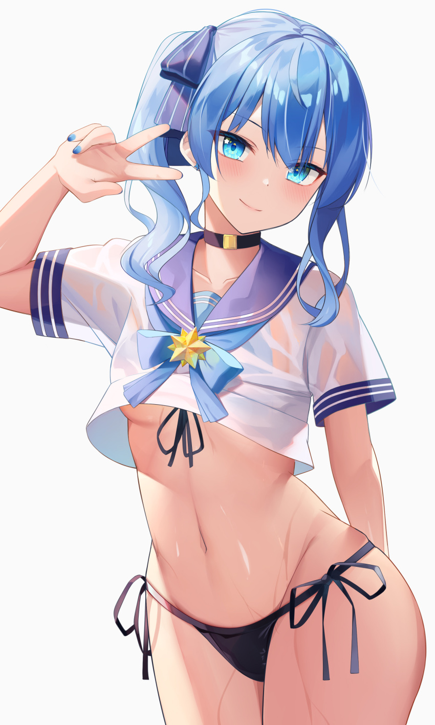 1girl absurdres arm_behind_back bangs bikini bikini_bottom_only black_choker blue_bow blue_eyes blue_hair blue_nails bow breasts brooch choker closed_mouth cowboy_shot crop_top hand_up highres hololive hoshimachi_suisei jewelry looking_at_viewer medium_hair milk_box_(leoleo963852741) navel neckerchief sailor_collar sailor_shirt shirt short_sleeves side-tie_bikini side_ponytail sidelocks small_breasts smile solo star_(symbol) star_in_eye stomach swimsuit symbol_in_eye v virtual_youtuber wet wet_clothes wet_shirt