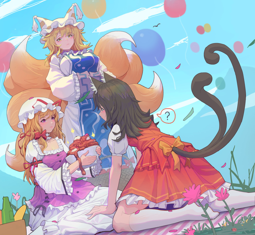 3girls ? absurdres animal_ear_fluff animal_ears apple arm_support bad_food balloon basket bird black_eyes black_hair black_ribbon blanket blonde_hair blue_tabard blush bottle bow bowl bread bug cat_ears cat_tail chen closed_mouth clouds collar commentary day dress flower food forked_tail fox_tail frilled_collar frilled_dress frilled_sleeves frills fruit grass hair_bow hair_ribbon hat hat_ribbon highres holding holding_bowl holding_food kneehighs kneeling ladybug layered_dress lips long_hair long_sleeves looking_at_another mamayu medium_hair mob_cap mountain multiple_girls multiple_tails no_hat no_headwear outdoors own_hands_together picnic picnic_basket pillow_hat pink_flower puffy_short_sleeves puffy_sleeves purple_dress red_bow red_dress red_ribbon ribbon seiza short_sleeves sitting sky slit_pupils sparkle spoken_question_mark standing tabard tail tail_bow tail_ornament touhou violet_eyes white_collar white_dress white_headwear white_legwear wide_sleeves yakumo_ran yakumo_yukari yellow_bow yellow_eyes