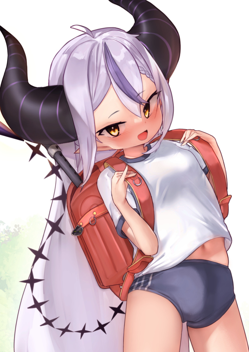 1girl absurdres ahoge backpack bag blue_buruma blush breasts brown_eyes buruma demon_girl demon_horns grey_hair gym_uniform highres hololive horns instrument la+_darknesss long_hair multicolored_hair navel open_mouth pointy_ears randoseru recorder shirt short_sleeves small_breasts smile solo streaked_hair tangyitu1 thighs very_long_hair virtual_youtuber white_shirt