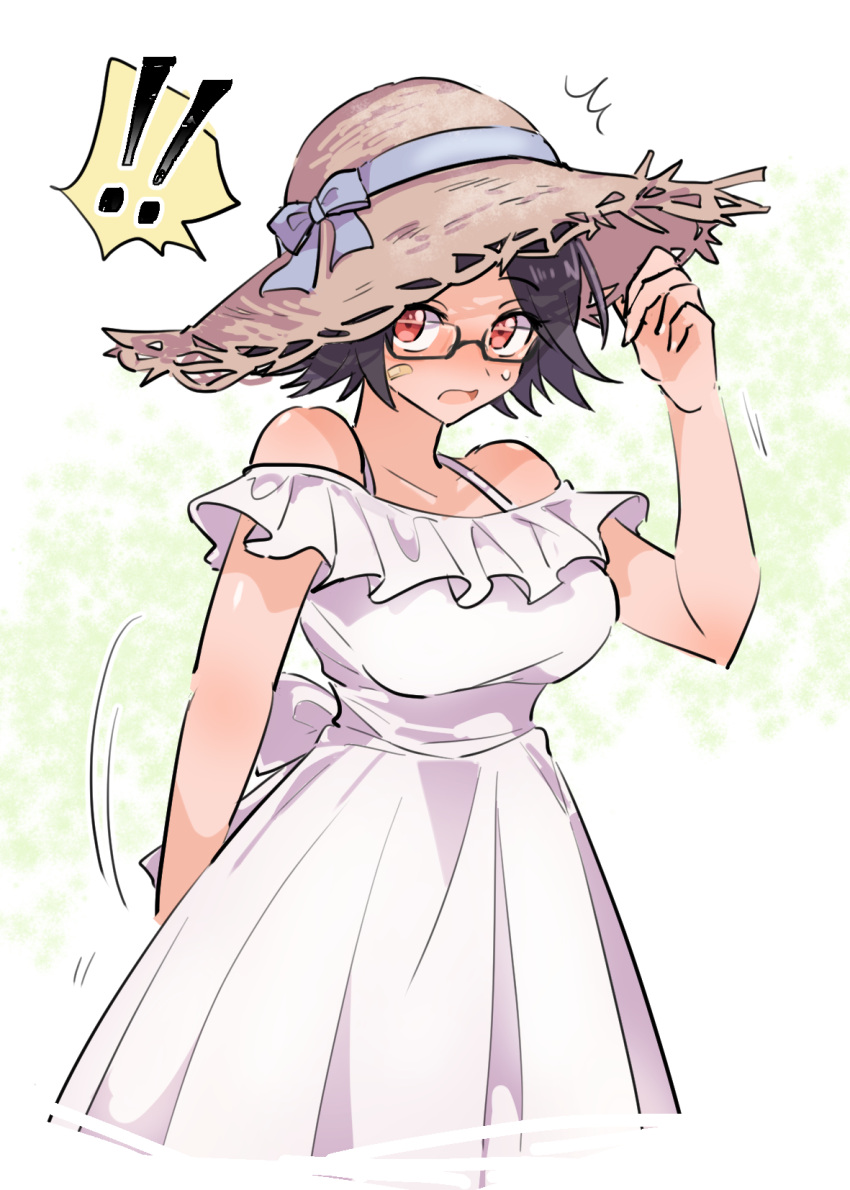 ! 1girl ^^^ adjusting_clothes adjusting_headwear alternate_costume arm_behind_back bandaid bandaid_on_cheek bandaid_on_face bespectacled black_hair blue_ribbon blush casual commentary_request cowboy_shot dress frills glasses hat hat_ribbon highres kamaboco looking_at_viewer off-shoulder_dress off_shoulder open_mouth red_eyes ribbon semi-rimless_eyewear shade short_hair short_sleeves solo spaghetti_strap spoken_exclamation_mark standing straw_hat sun_hat surprised sweatdrop umamusume under-rim_eyewear white_dress white_ribbon winning_ticket_(umamusume)