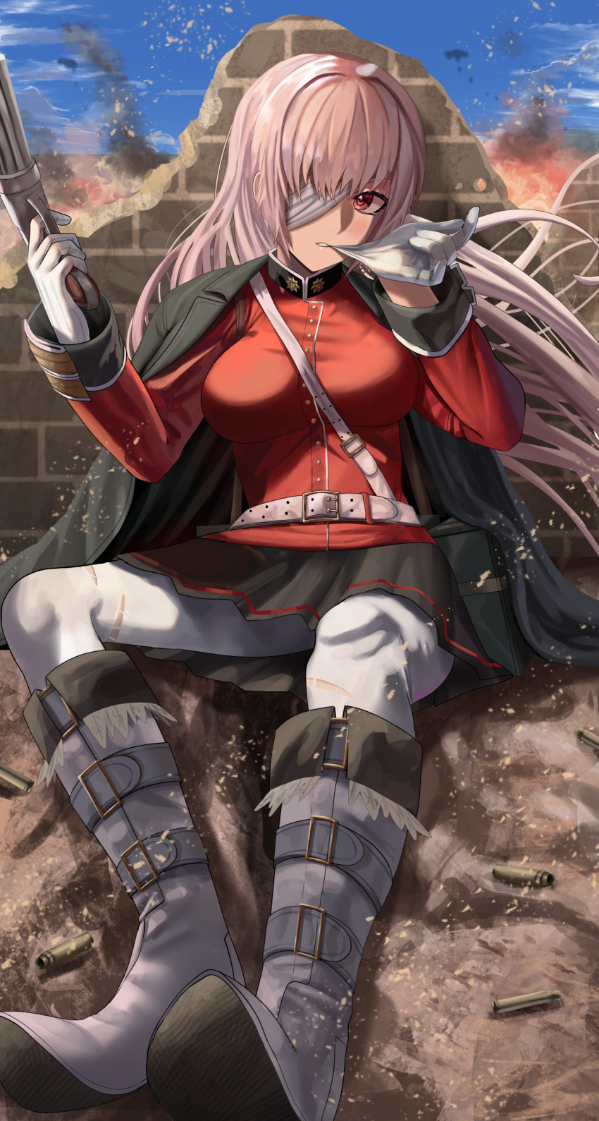 1girl bandage_over_one_eye bangs battlefield black_coat black_skirt blue_sky breasts coat coat_on_shoulders fate/grand_order fate_(series) florence_nightingale_(fate) gloves grey_footwear gun highres holding holding_gun holding_weapon jacket large_breasts long_hair looking_at_viewer military military_uniform mixed-language_commentary outdoors pantyhose pink_hair pleated_skirt red_eyes red_jacket silvertsuki skirt sky solo uniform weapon white_gloves white_legwear