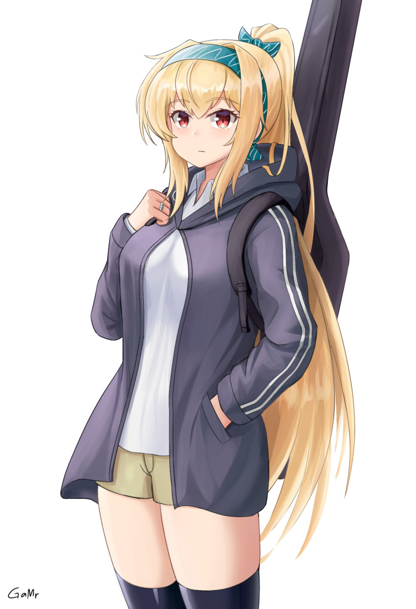 1girl alternate_costume artist_name backpack bag bangs black_legwear blonde_hair bow breasts brown_shorts closed_mouth english_commentary eyebrows_visible_through_hair feet_out_of_frame gamryous girls_frontline green_bow green_hairband grey_hoodie hair_bow hairband hand_in_pocket hand_on_own_chest highres hood hooded_jacket hoodie jacket jewelry long_hair looking_at_viewer mod3_(girls'_frontline) ponytail red_eyes ring shirt shorts solo standing sv-98_(girls'_frontline) thigh-highs track_jacket weapon_case white_background white_shirt