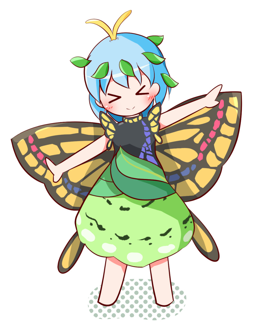 &gt;_&lt; 1girl amboina antennae aqua_hair barefoot blush butterfly_wings chibi closed_mouth dress eternity_larva fairy full_body green_dress highres leaf leaf_on_head multicolored_clothes multicolored_dress outstretched_arms short_hair short_sleeves smile solo spread_arms touhou white_background wings