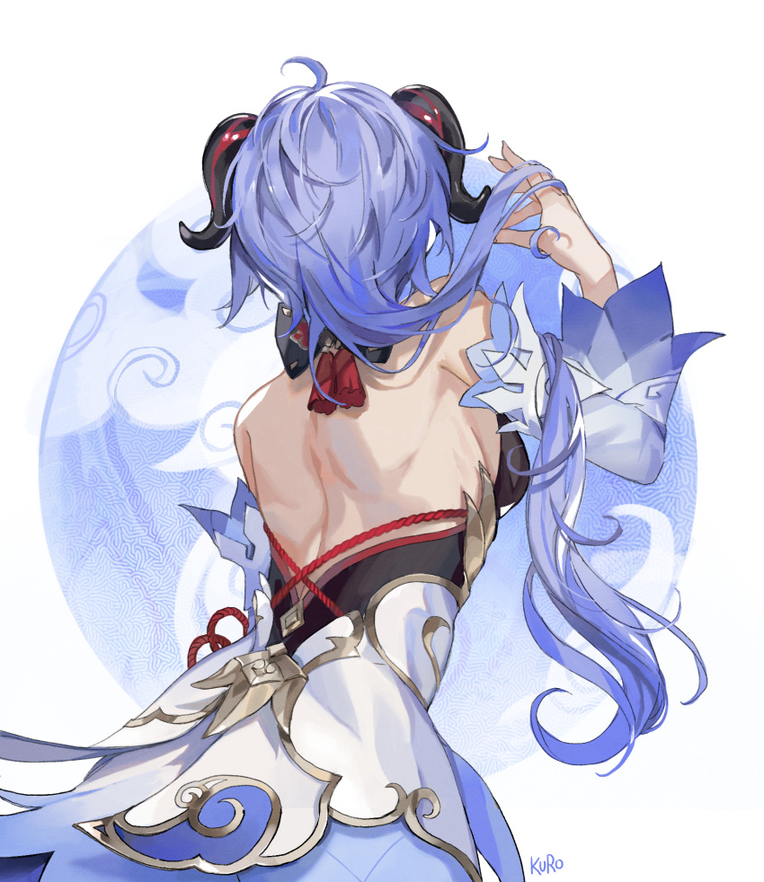 1girl ahoge artist_name back backless_outfit blue_hair bow breasts detached_sleeves from_behind ganyu_(genshin_impact) genshin_impact gold_trim highres horns kamui_(kurohshiro1) long_hair low_ponytail orb sideboob solo white_sleeves