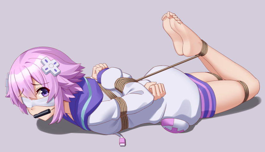 1girl absurdres bare_legs barefoot bdsm blindfold bondage bound bound_arms commission d-pad d-pad_hair_ornament gagged hair_between_eyes hair_ornament highres looking_at_another neptune_(neptune_series) neptune_(series) purple_hair restrained rope short_hair sidelocks solo violet_eyes wo_cao_xiao