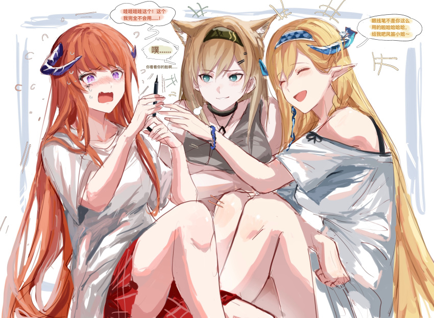 3girls :d absurdres animal_ears aqua_eyes arknights bagpipe_(arknights) black_choker blue_hairband blush bra_strap bracelet breasts brown_hair brown_hairband chinese_commentary chinese_text choker closed_eyes collarbone commentary_request dragon_horns dress fang grey_shirt hair_ornament hairband hairclip highres holding horn_(arknights) horns jewelry knee_up knees_up long_hair looking_to_the_side marker medium_breasts miniskirt multiple_girls necklace nose_blush off-shoulder_dress off_shoulder open_mouth orange_hair parted_lips pointy_ears red_skirt saileach_(arknights) shirt short_sleeves sitting skirt smile tearing_up tears translation_request very_long_hair violet_eyes white_dress white_shirt wolf_ears zuo_daoxing