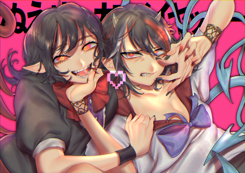 2girls :d absurdres asymmetrical_wings black_dress black_hair black_nails bow bracelet dress fangs fingernails highres horns houjuu_nue jewelry kijin_seija long_fingernails looking_at_viewer multicolored_hair multiple_girls nail_polish open_mouth pointy_ears red_eyes red_nails sharp_fingernails sharp_teeth short_hair short_sleeves smile streaked_hair teeth tongue tongue_out touhou wings wrist_cuffs wristband yamazaki_tsukune