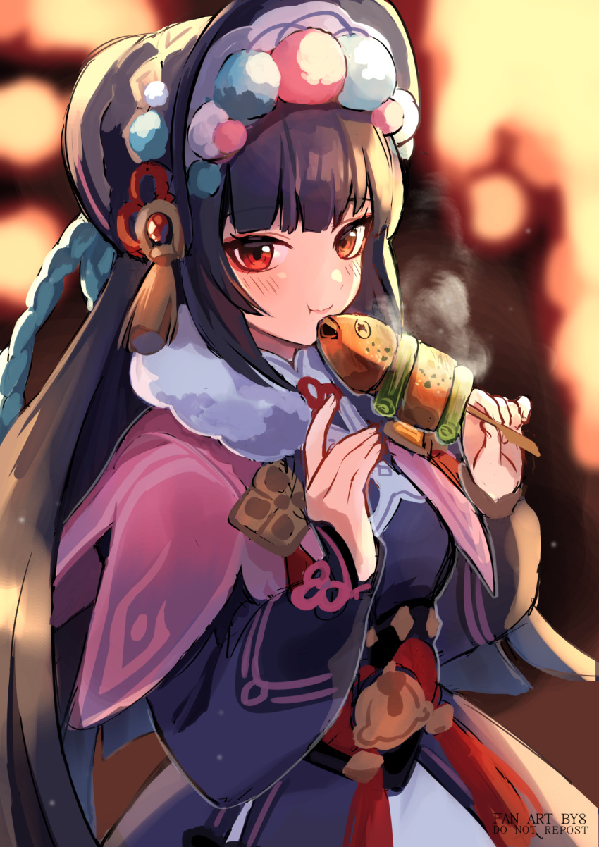 1girl bangs blunt_bangs blush bonnet braid capelet dress e_uu88 eating fish food fur_trim genshin_impact highres hime_cut long_sleeves looking_at_viewer purple_hair red_eyes yun_jin_(genshin_impact)