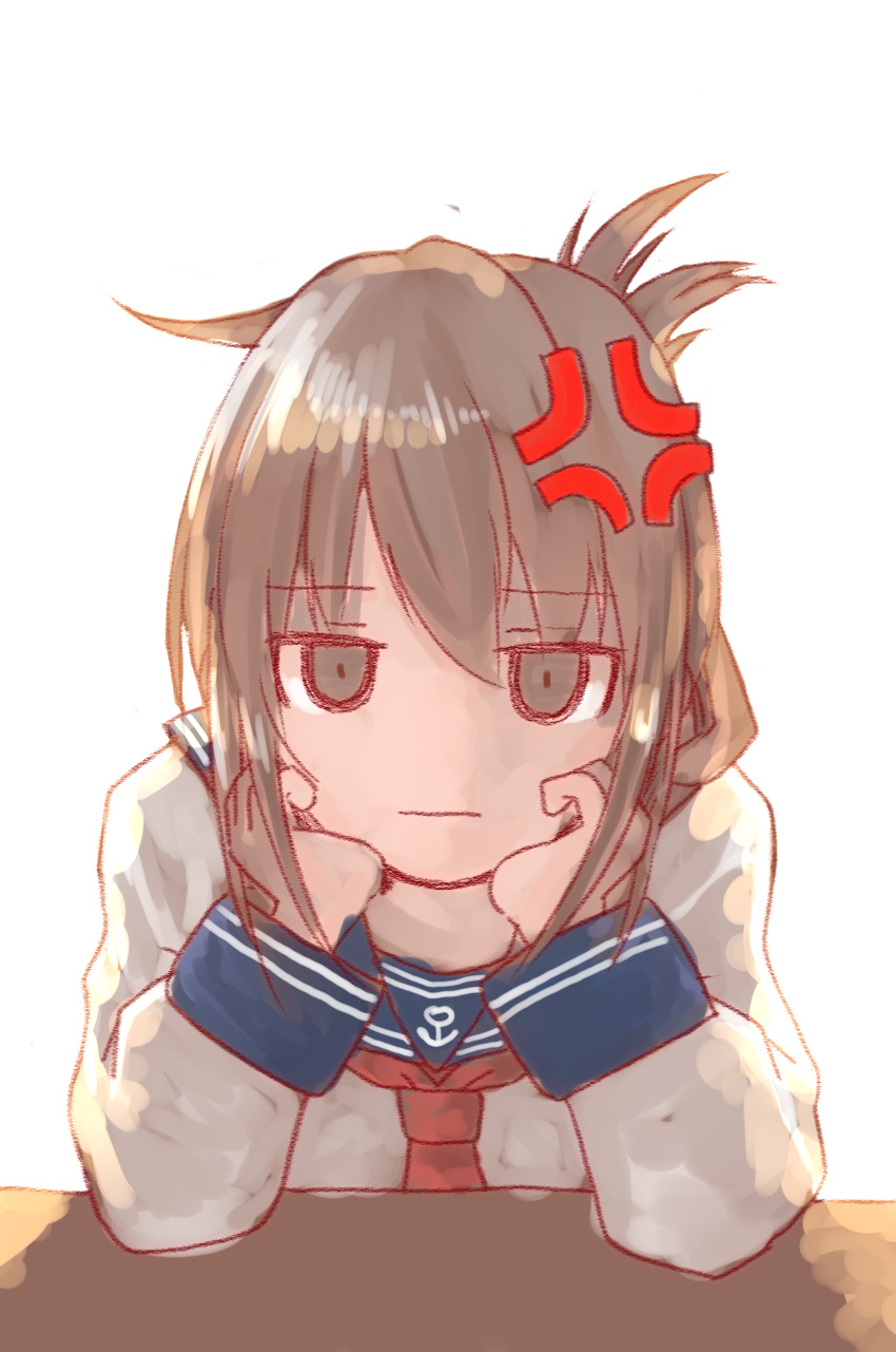 1girl absurdres anchor_symbol anger_vein blue_sailor_collar brown_eyes brown_hair chicken99 commentary_request folded_ponytail hands_on_own_face highres inazuma_(kancolle) kantai_collection long_hair neckerchief one-hour_drawing_challenge red_neckerchief sailor_collar school_uniform serafuku simple_background solo white_background