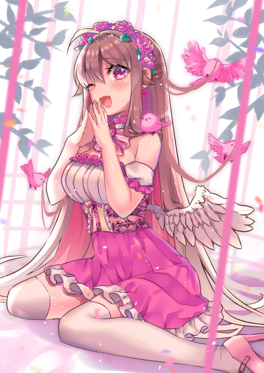 1girl :d absurdres ahoge angel_wings animal_on_head bangs bare_shoulders bird bird_on_head blush breasts brooch brown_hair choker dress earrings eyebrows_visible_through_hair fang flower_wreath frilled_choker frills gradient_hair hair_flaps head_wreath high_heels highres hinao jewelry lipstick long_hair looking_at_viewer low_wings makeup multicolored_hair neckerchief off-shoulder_dress off_shoulder on_head one_eye_closed open_mouth original own_hands_together pink_eyes sitting skin_fang skindentation smile solo steepled_fingers thigh-highs under_boob very_long_hair wariza wings