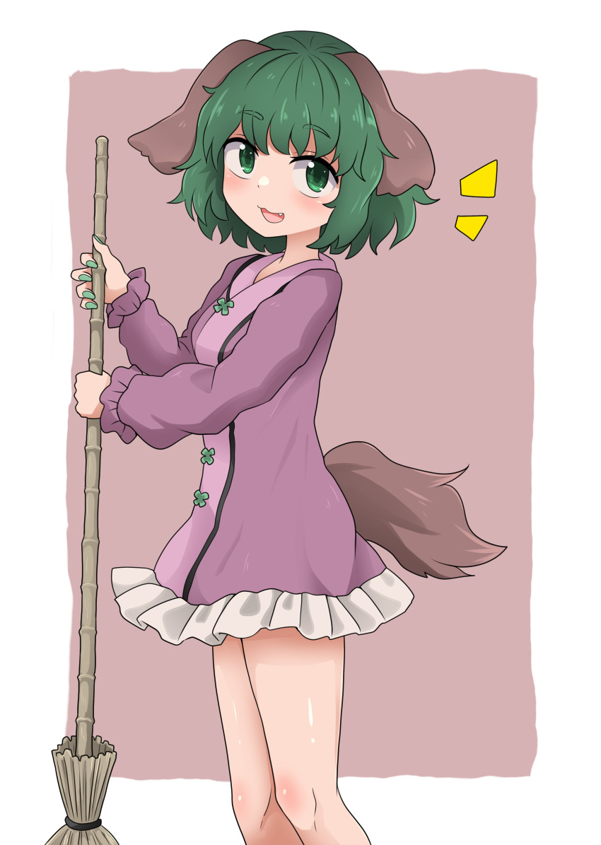 1girl :3 :d absurdres animal_ears bangs blush broom chups dog_ears dress eyebrows_visible_through_hair fang feet_out_of_frame green_eyes green_hair highres holding holding_broom kasodani_kyouko long_sleeves looking_at_viewer open_mouth short_hair smile solo standing tail touhou