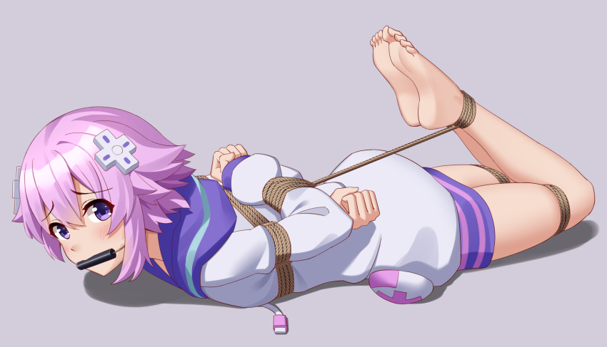 1girl absurdres bare_legs barefoot bdsm bondage bound bound_arms commission d-pad d-pad_hair_ornament gagged hair_between_eyes hair_ornament highres looking_at_another neptune_(neptune_series) neptune_(series) purple_hair restrained rope short_hair sidelocks solo violet_eyes wo_cao_xiao