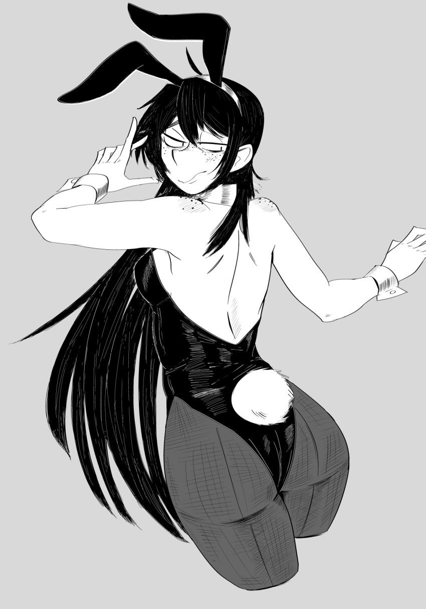 1girl animal_ears ass awa_nana detached_collar fake_tail freckles from_behind grey_background greyscale highres leotard looking_back monochrome original pantyhose playboy_bunny rabbit_ears rabbit_tail simple_background solo sugarspot_jr. tail wrist_cuffs