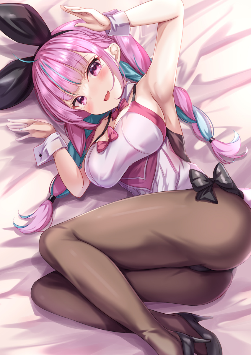 1girl :d animal_ears armpits arms_up bangs black_bow black_footwear blue_hair blush bow braid breasts brown_legwear eyebrows_visible_through_hair fake_animal_ears high_heels highres hololive large_breasts leotard looking_at_viewer lying minato_aqua on_bed on_side pantyhose pink_eyes playboy_bunny smile solo twin_braids twintails two_side_up virtual_youtuber white_leotard wrist_cuffs yuano