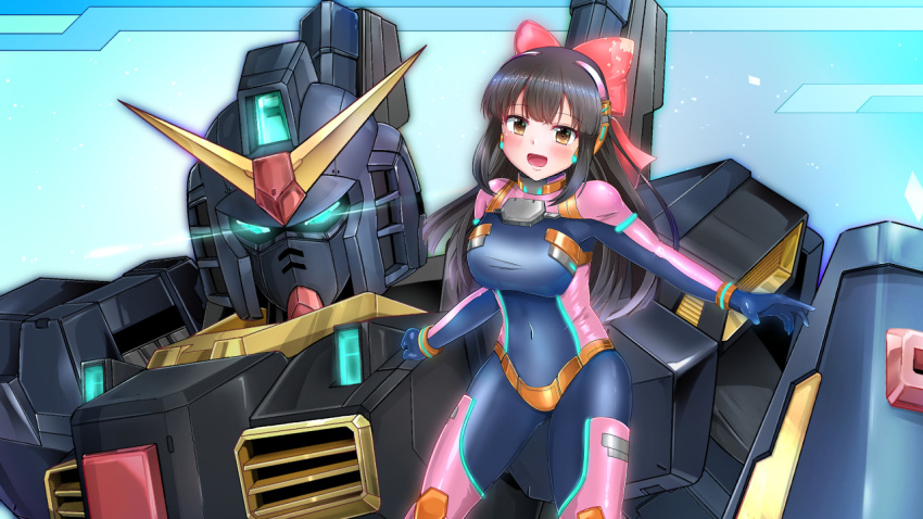 1girl bangs black_hair blue_bodysuit blue_eyes blush bodysuit bow brown_eyes clenched_hand covered_navel eyebrows_visible_through_hair glowing glowing_eyes gundam gundam_mk_ii hair_bow indie_virtual_youtuber kagitsume long_hair mecha mito_wakana open_hand open_mouth pilot_suit red_bow smile v-fin virtual_youtuber zeta_gundam